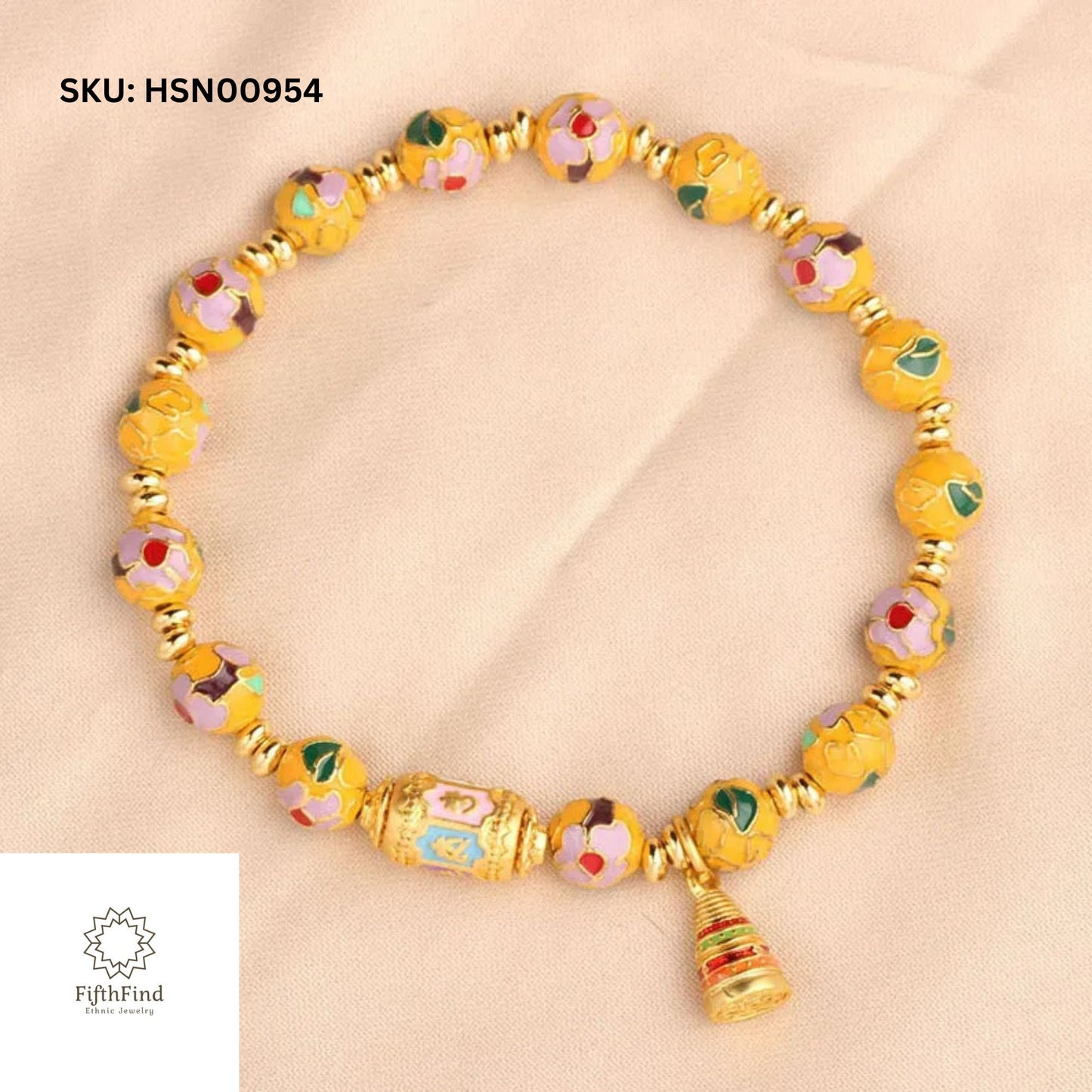 Yellow Cloisonné Beaded Bracelet with Gold Bell Charm