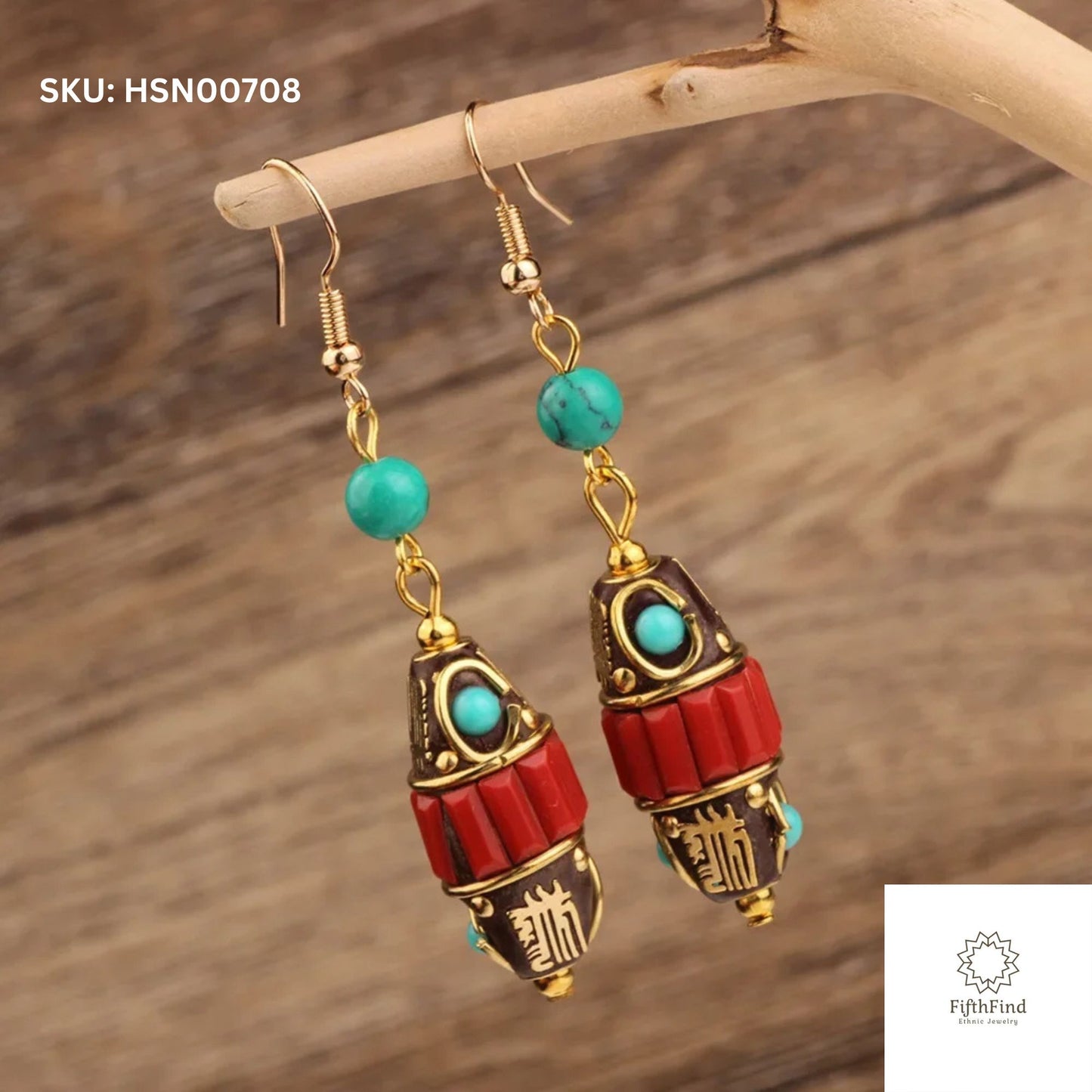 Ethnic Turquoise & Red Dangle Earrings - Bold Boho Style