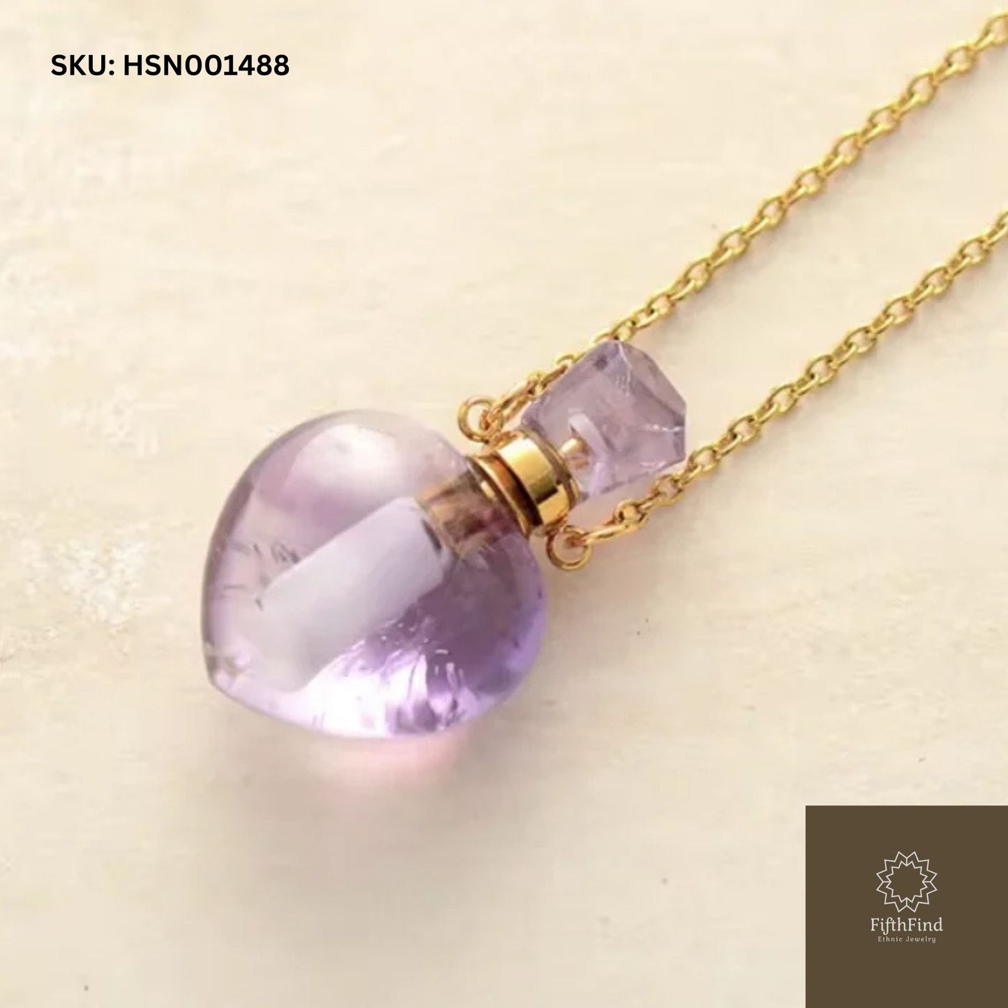 Amethyst Heart Perfume Bottle Necklace with Gold Chain