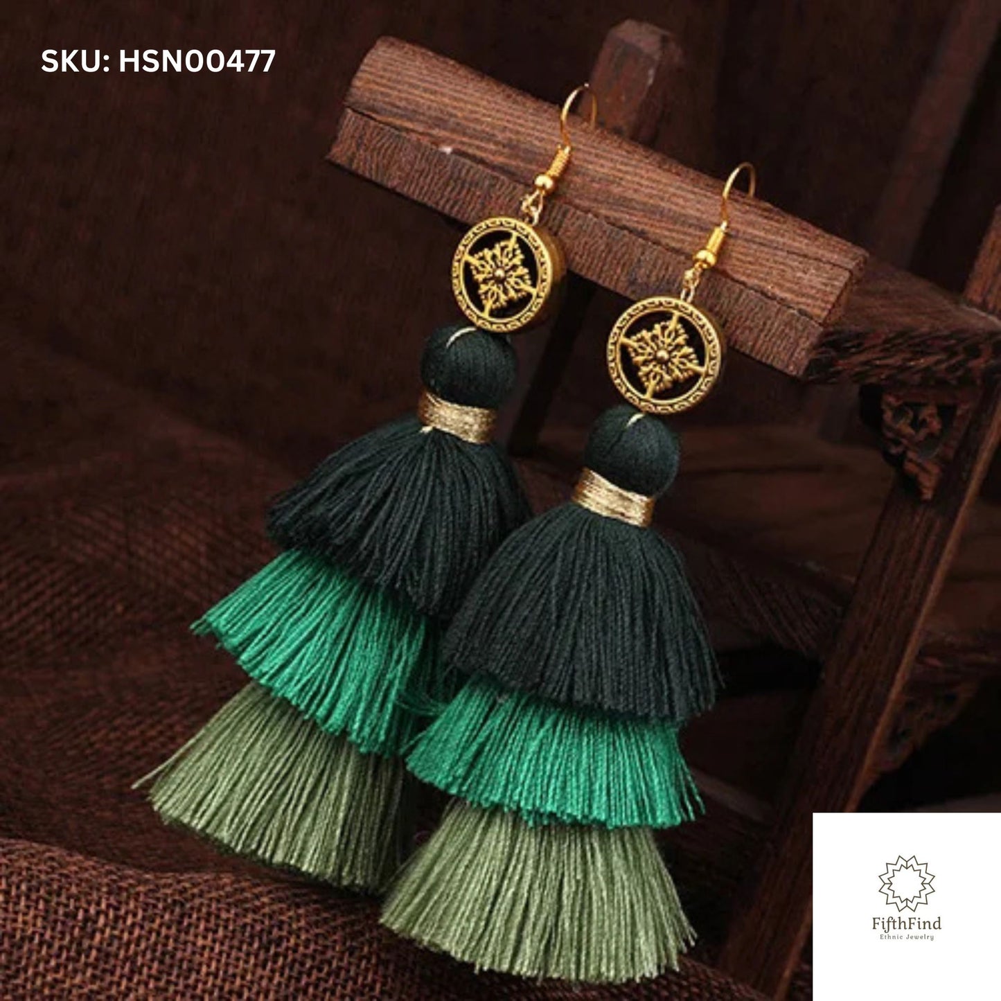 Green Tassel Earrings with Gold Medallion