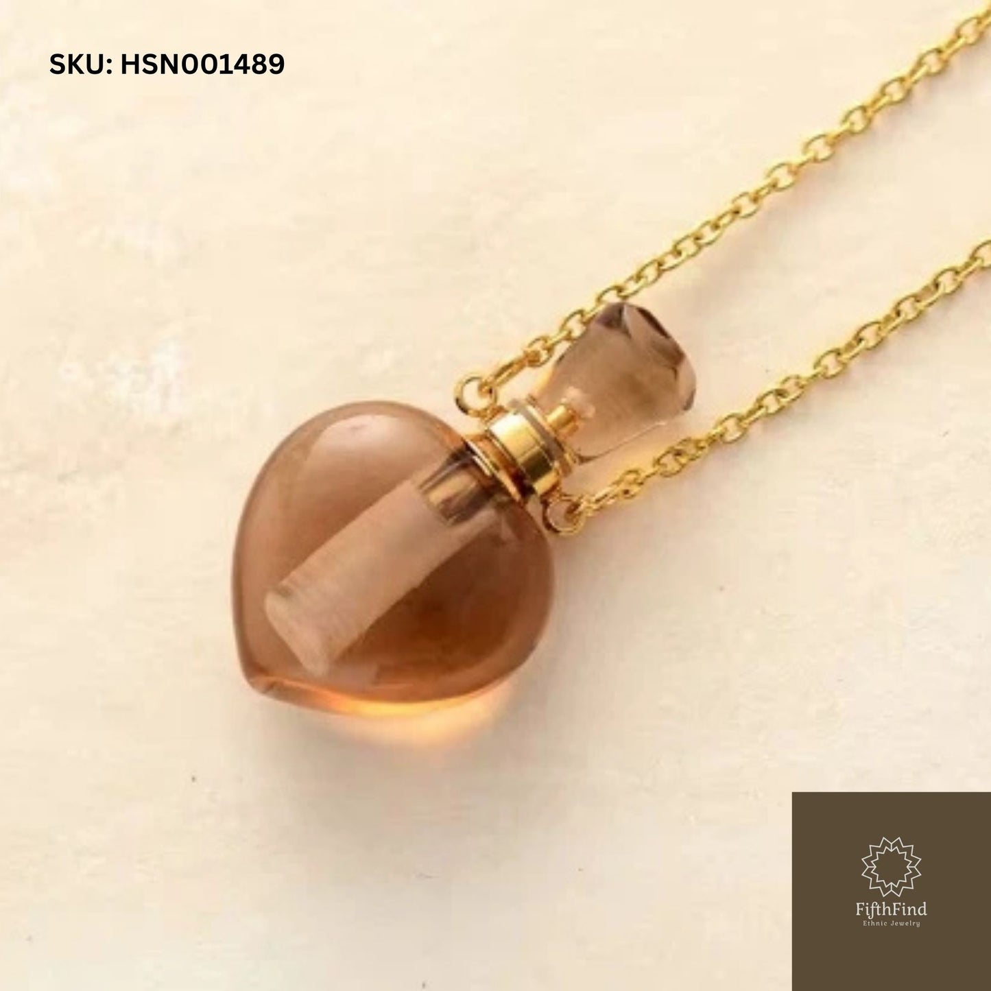 Smoky Quartz Heart Perfume Bottle Necklace with Gold Chain