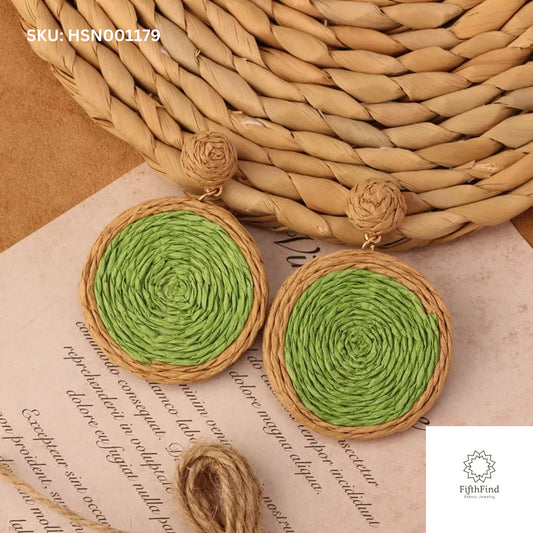 Green Woven Circle Boho Earrings for Women