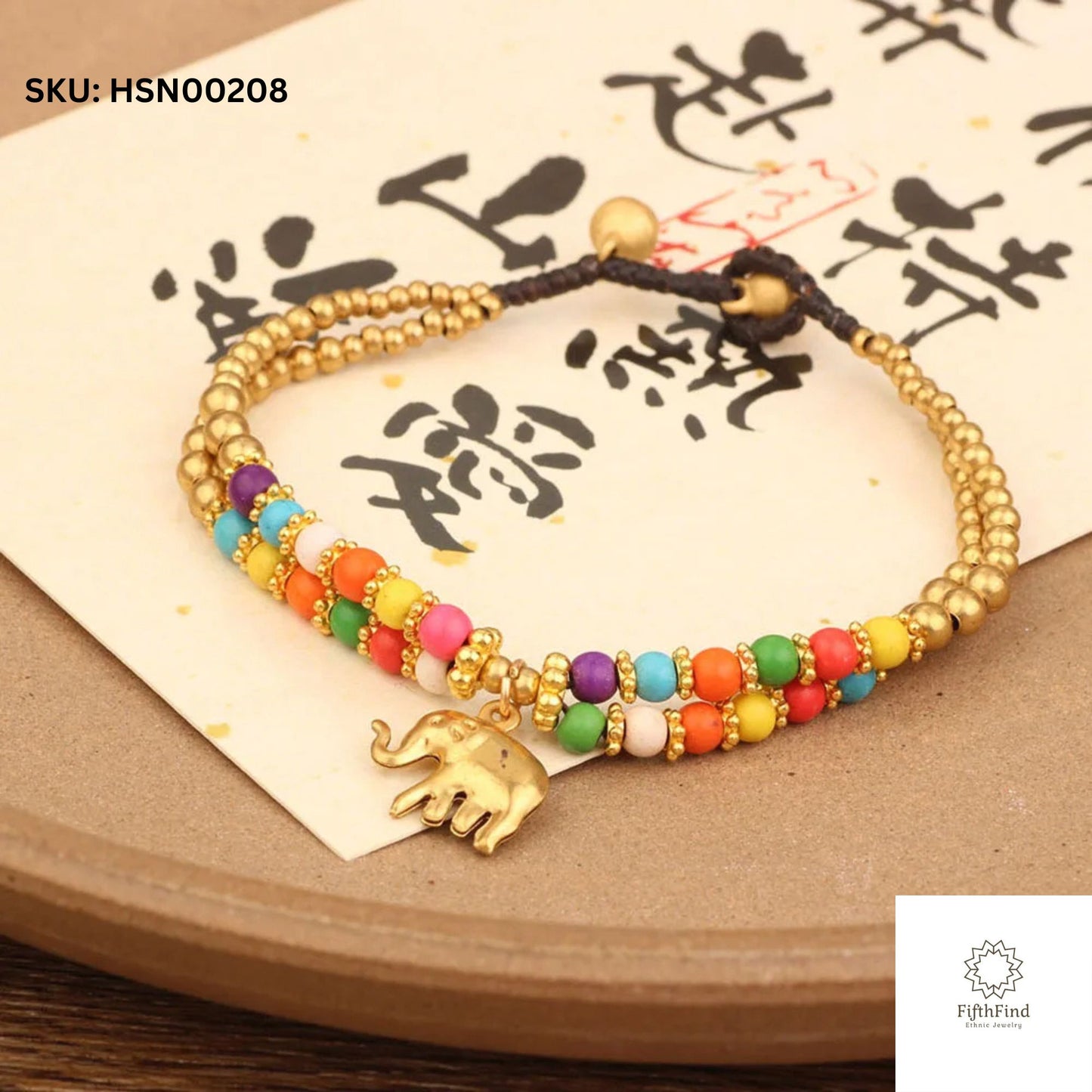 Colorful Beaded Bracelet with Gold Elephant Charm