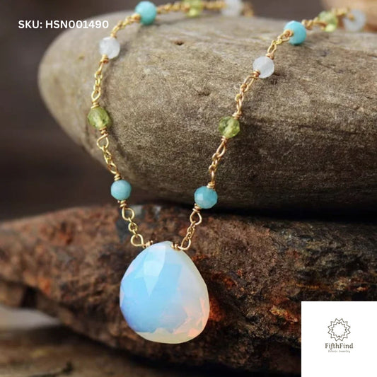 Opalite Teardrop Necklace with Green and Blue Gemstone Chain