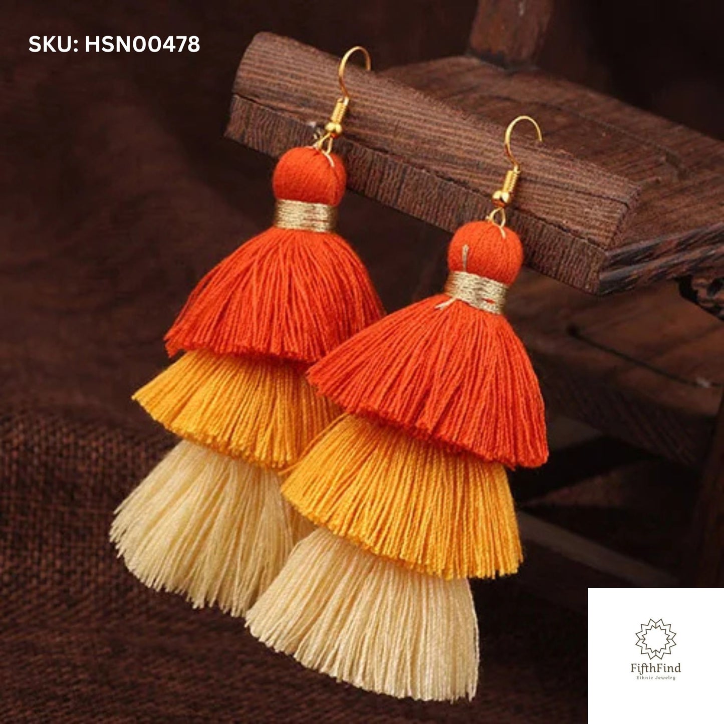 Orange Tassel Earrings with Boho Gradient Layers