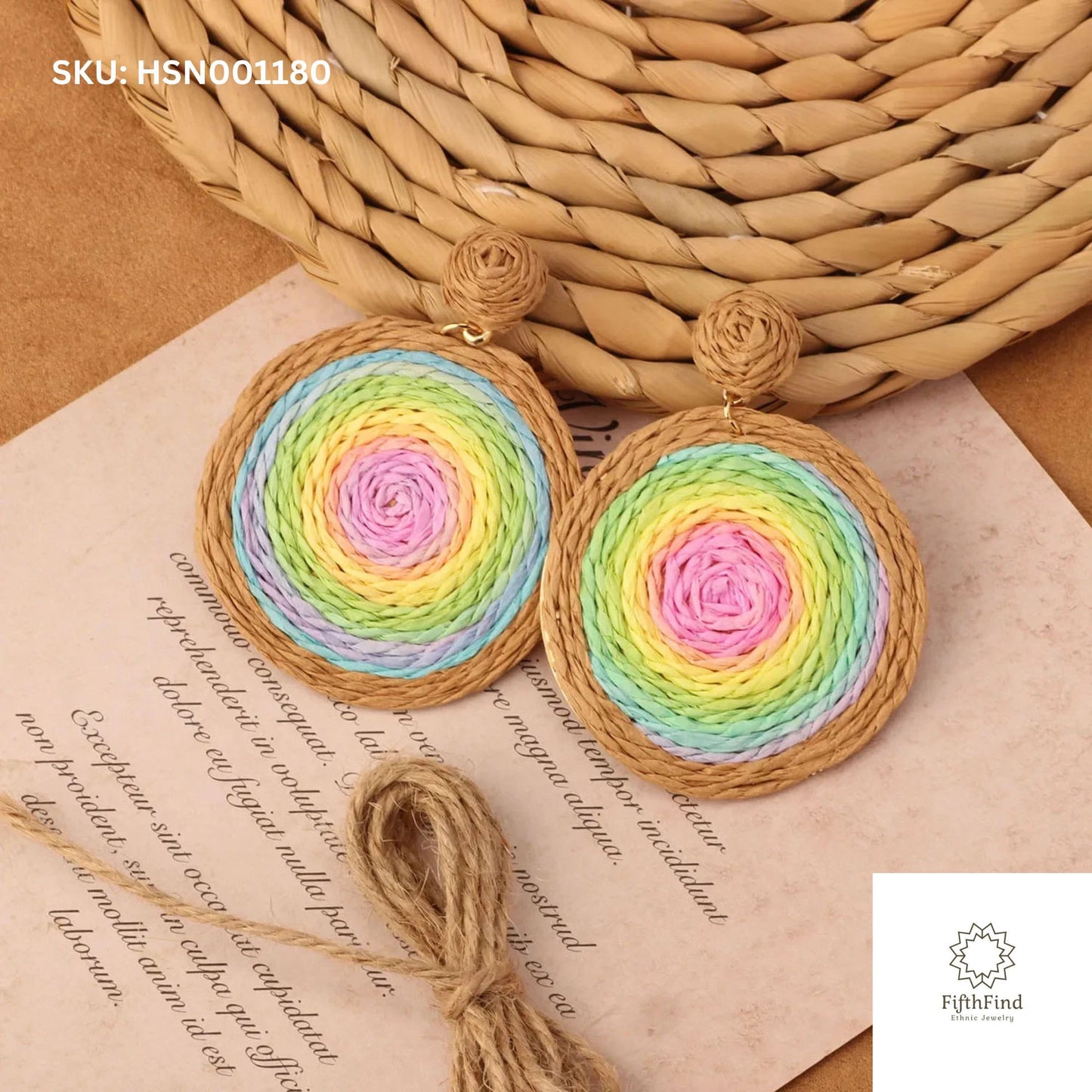 Rainbow Woven Boho Circle Earrings for Women