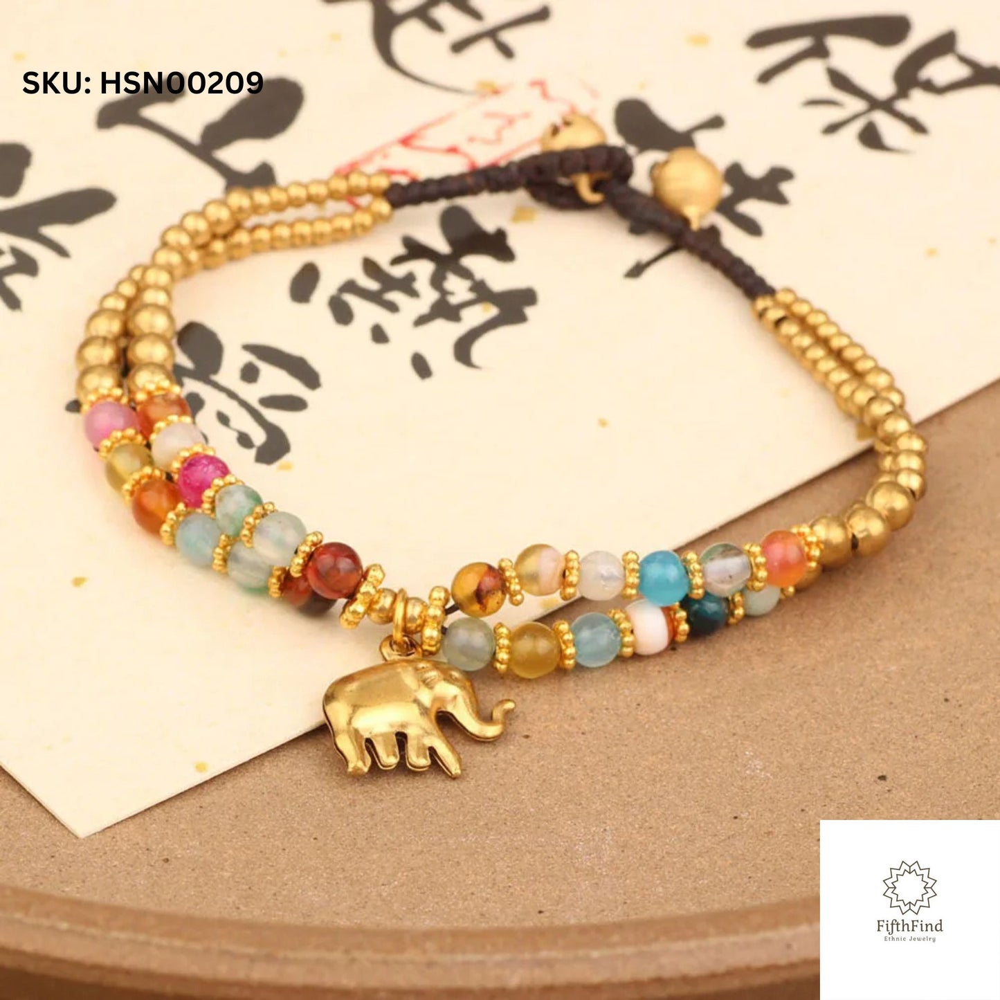 Multicolored Beaded Bracelet with Gold Elephant Charm