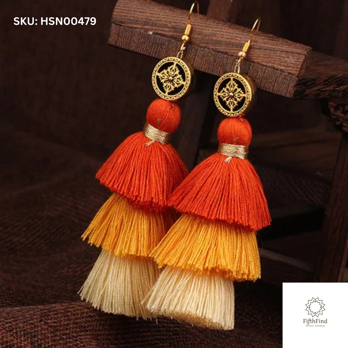 Orange Gradient Tassel Earrings with Gold Accent