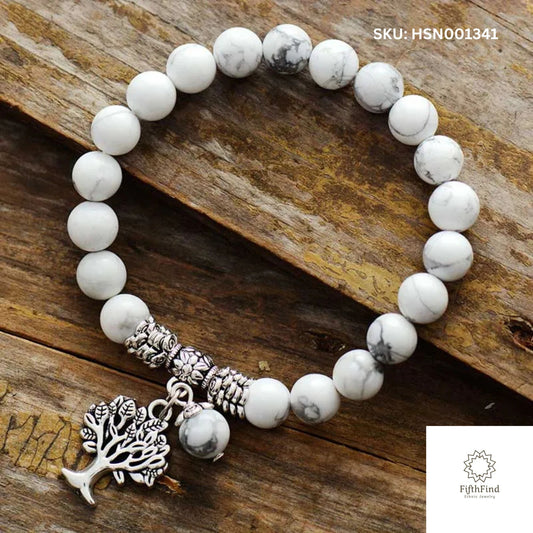 White Beaded Bracelet with Tree of Life Charm - FifthFind