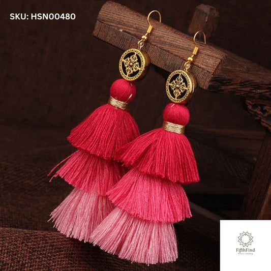 Red Gradient Tassel Earrings with Gold Charm