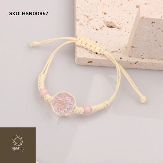 Macrame Bracelet with Pink Floral Resin Pendant