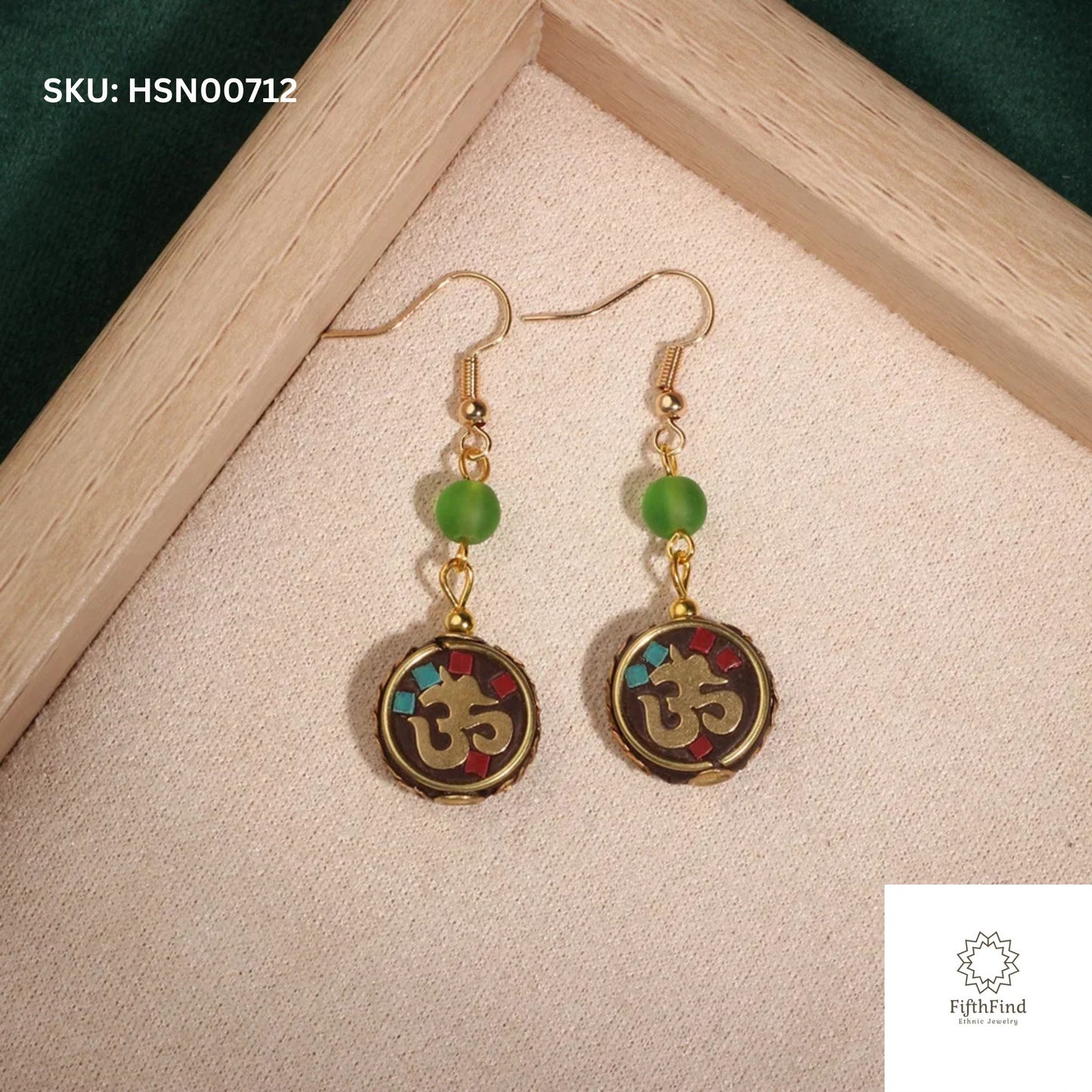 Om Symbol Earrings - Ethnic Green & Turquoise Beads