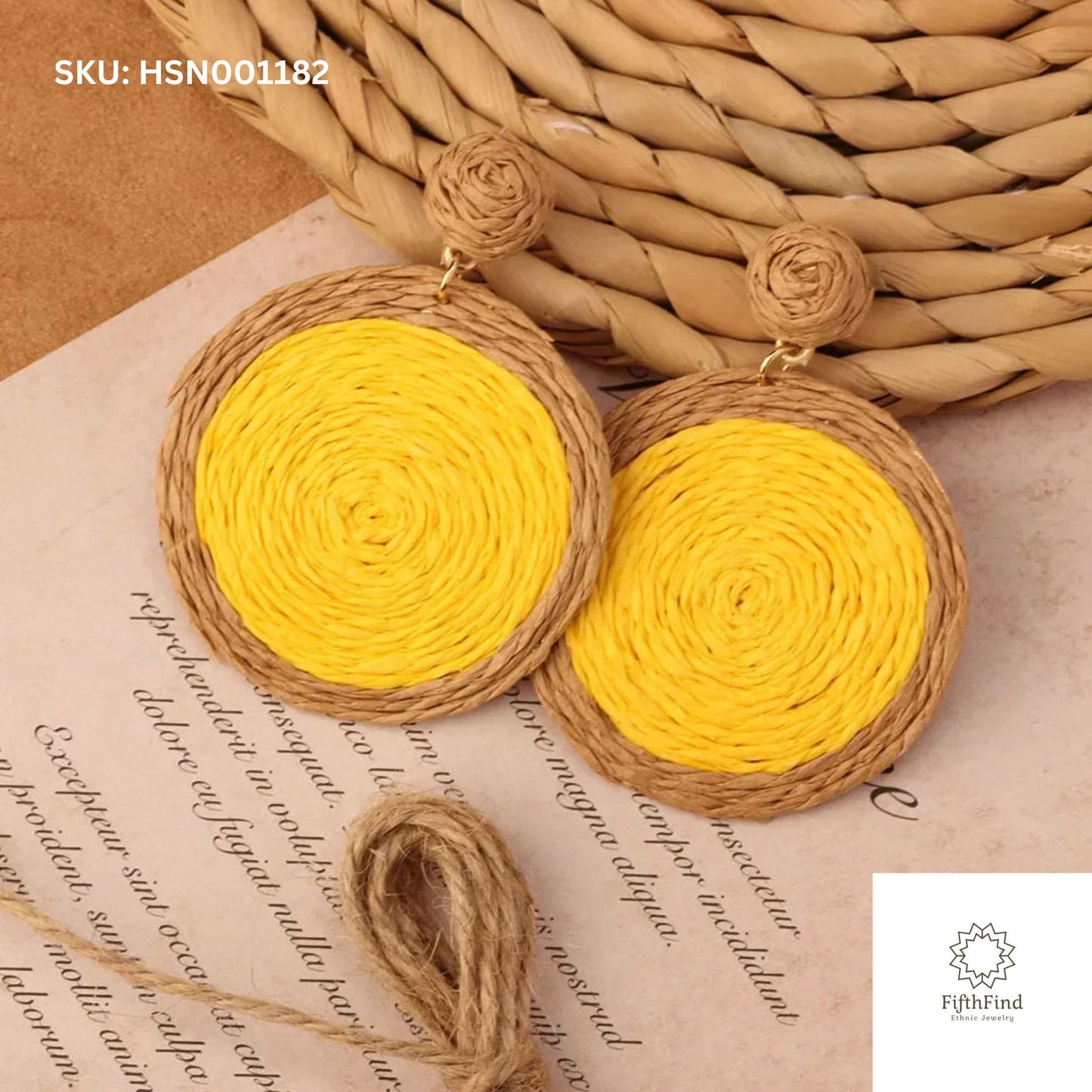 Boho Yellow Woven Circle Statement Earrings