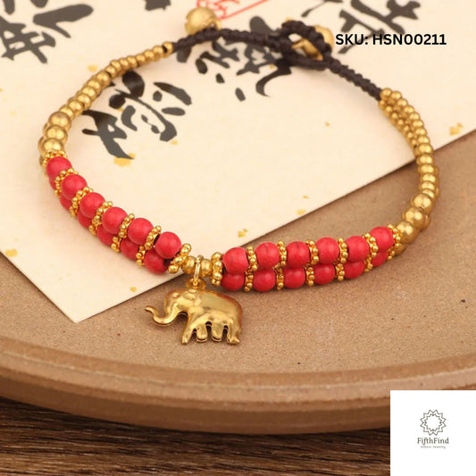 Red Beaded Bracelet with Gold Elephant Charm