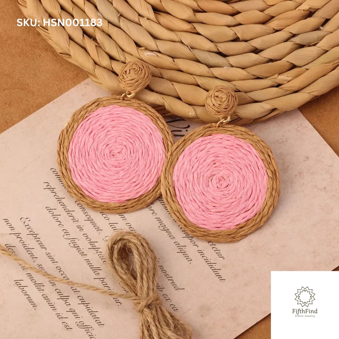 Pink Woven Boho Circle Drop Earrings