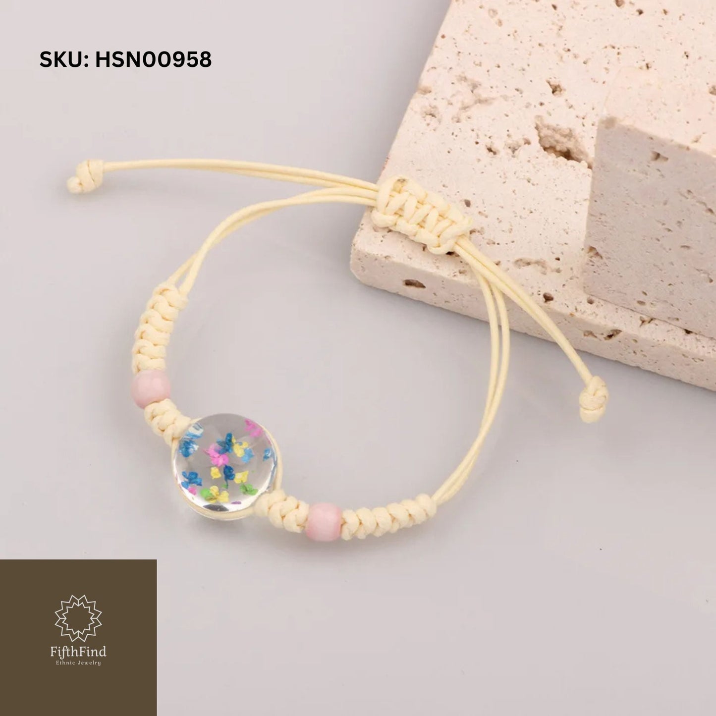 Macrame Bracelet with Multicolor Floral Resin Pendant