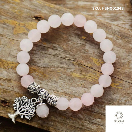 Rose Quartz Beaded Bracelet with Tree of Life Charm