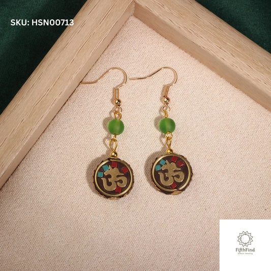 Om Symbol Dangle Earrings - Ethnic Green Beaded Design