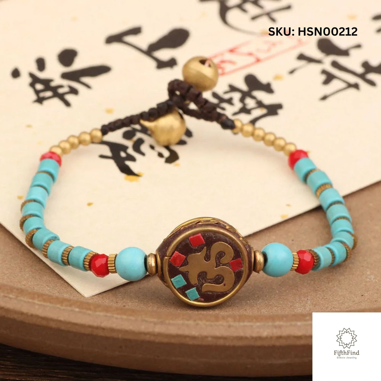 Turquoise & Red Beaded Bracelet with Om Symbol