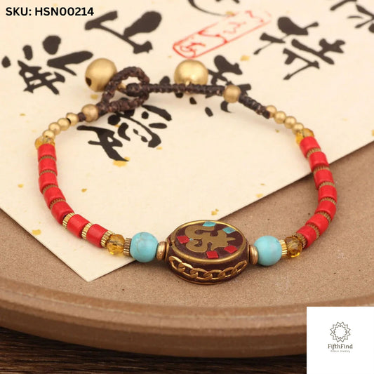 Red Beaded Om Symbol Bracelet - Ethnic Boho Jewelry