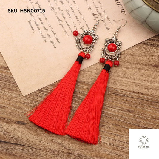 Red Tassel Earrings - Bold Ethnic Boho Dangle Design