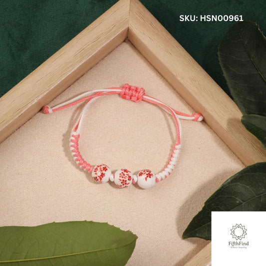 Pink Floral Ceramic Bead Macrame Bracelet