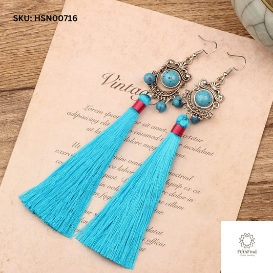 Turquoise Tassel Earrings - Ethnic Boho Dangle Design