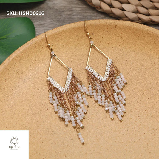 Elegant White Beaded Fringe Statement Earrings