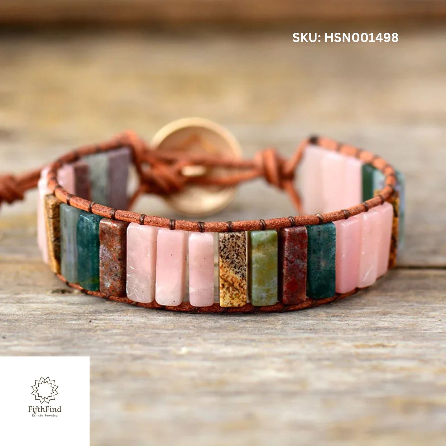 Boho Pink Gemstone Bracelet with Earthy Stone Inlay