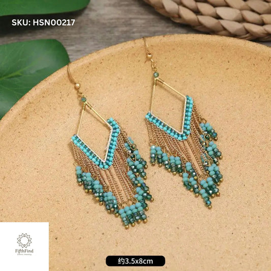 Turquoise Beaded Fringe Dangle Earrings