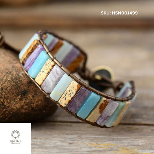 Boho Multi-Stone Inlay Leather Cuff Bracelet