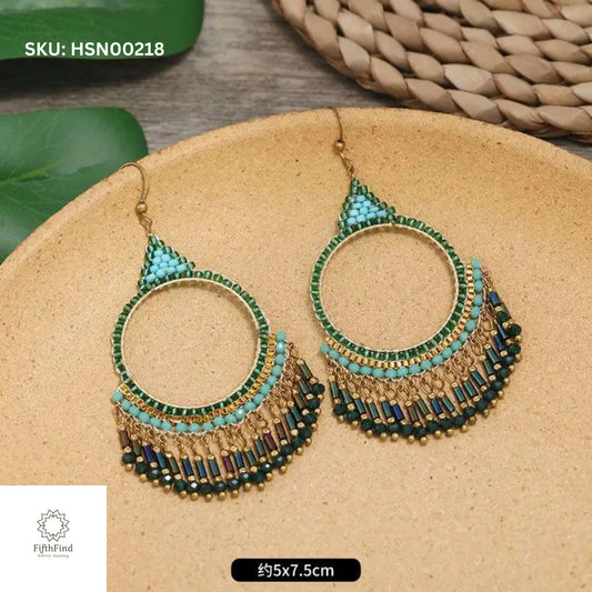 Green Beaded Hoop Fringe Dangle Earrings