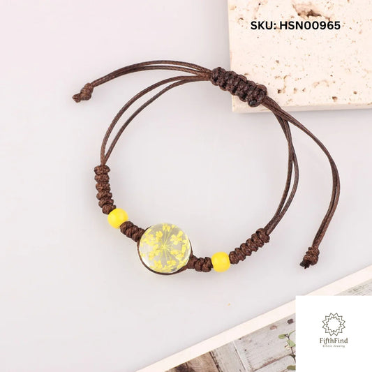 Brown Macrame Bracelet with Yellow Floral Charm