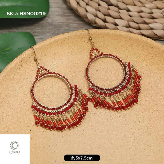 Red Beaded Hoop Fringe Dangle Earrings