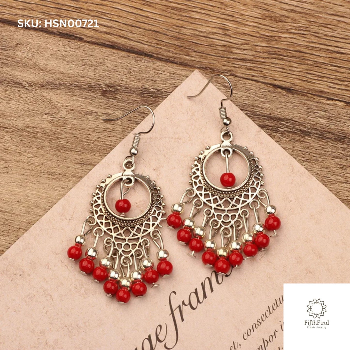 Red Beaded Chandelier Earrings - Ethnic Boho Chic