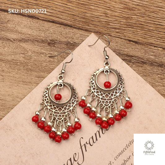 Red Beaded Chandelier Earrings - Ethnic Boho Chic