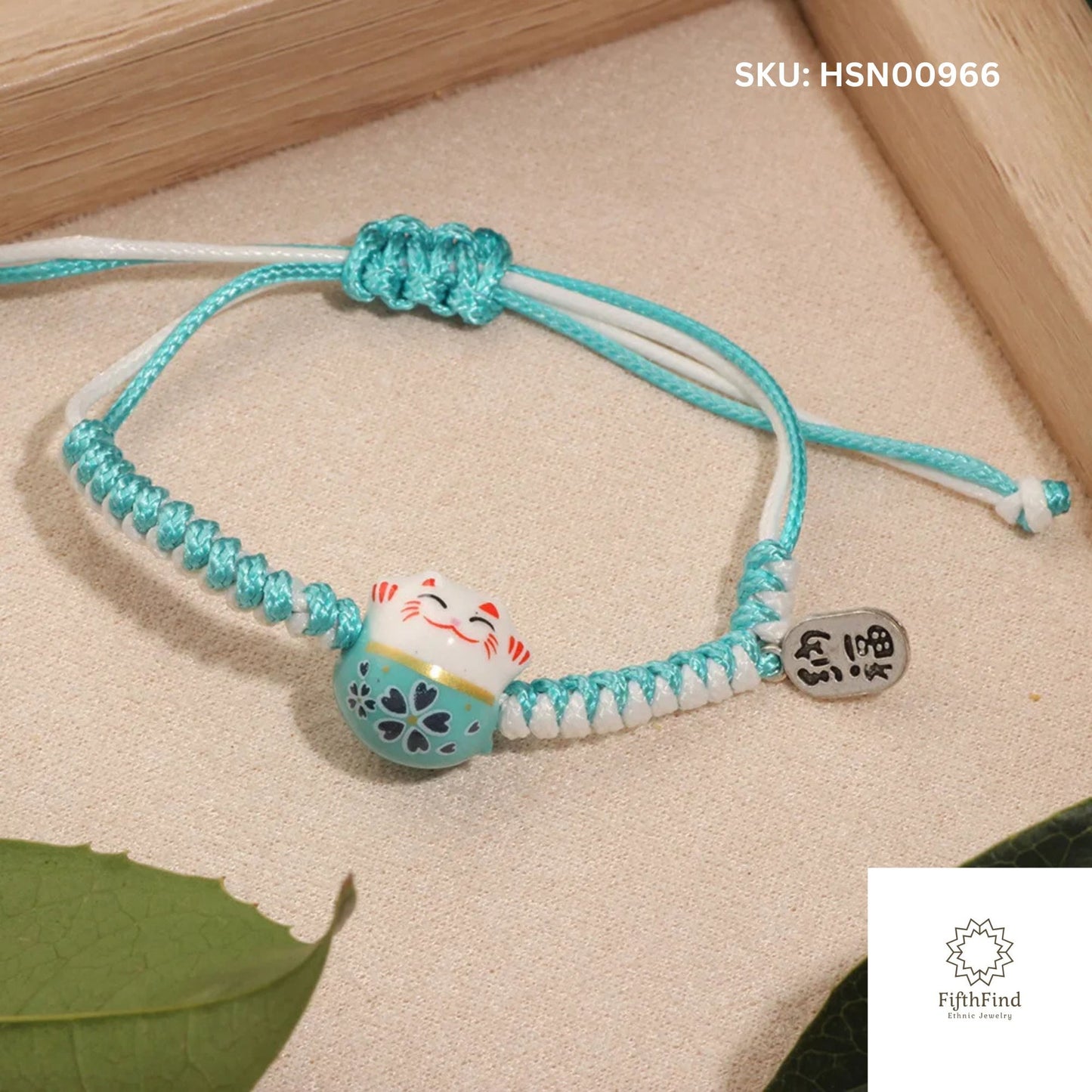 Lucky Cat Charm Bracelet in Turquoise Macrame Design