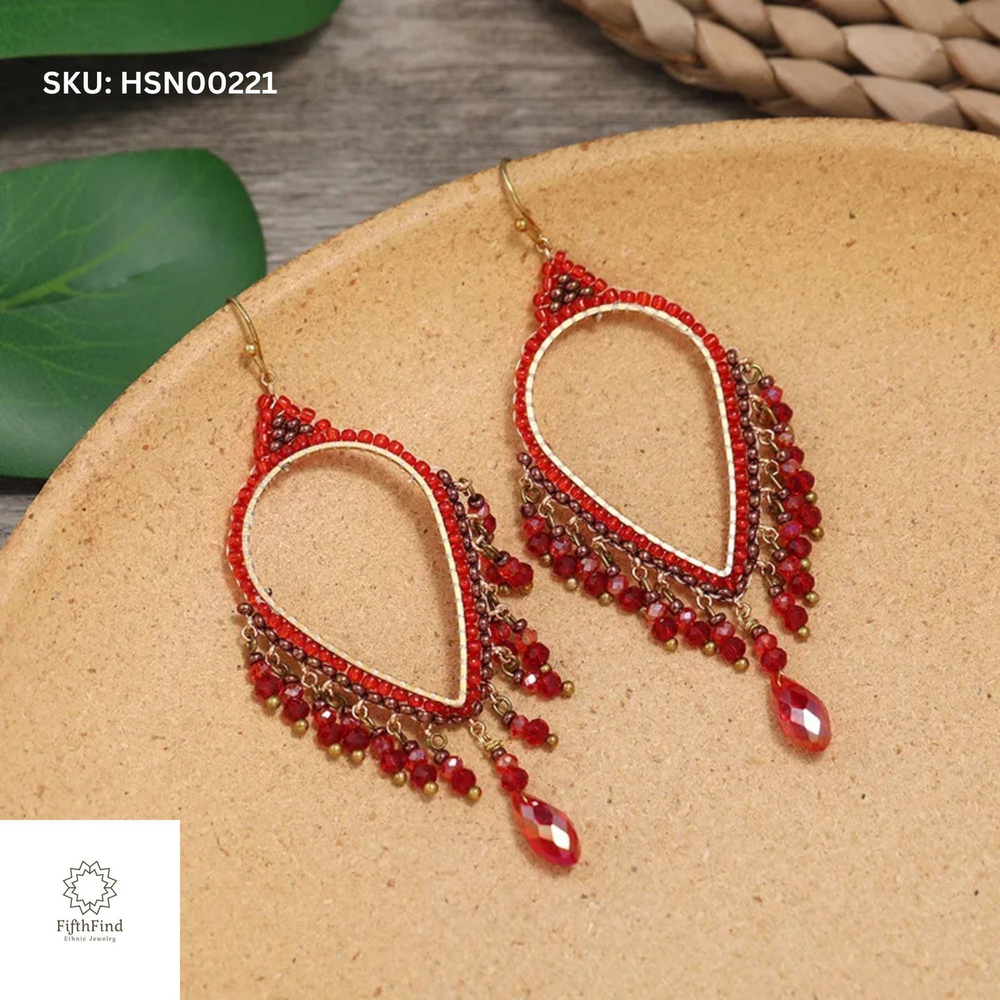 Red Teardrop Beaded Fringe Statement Earrings