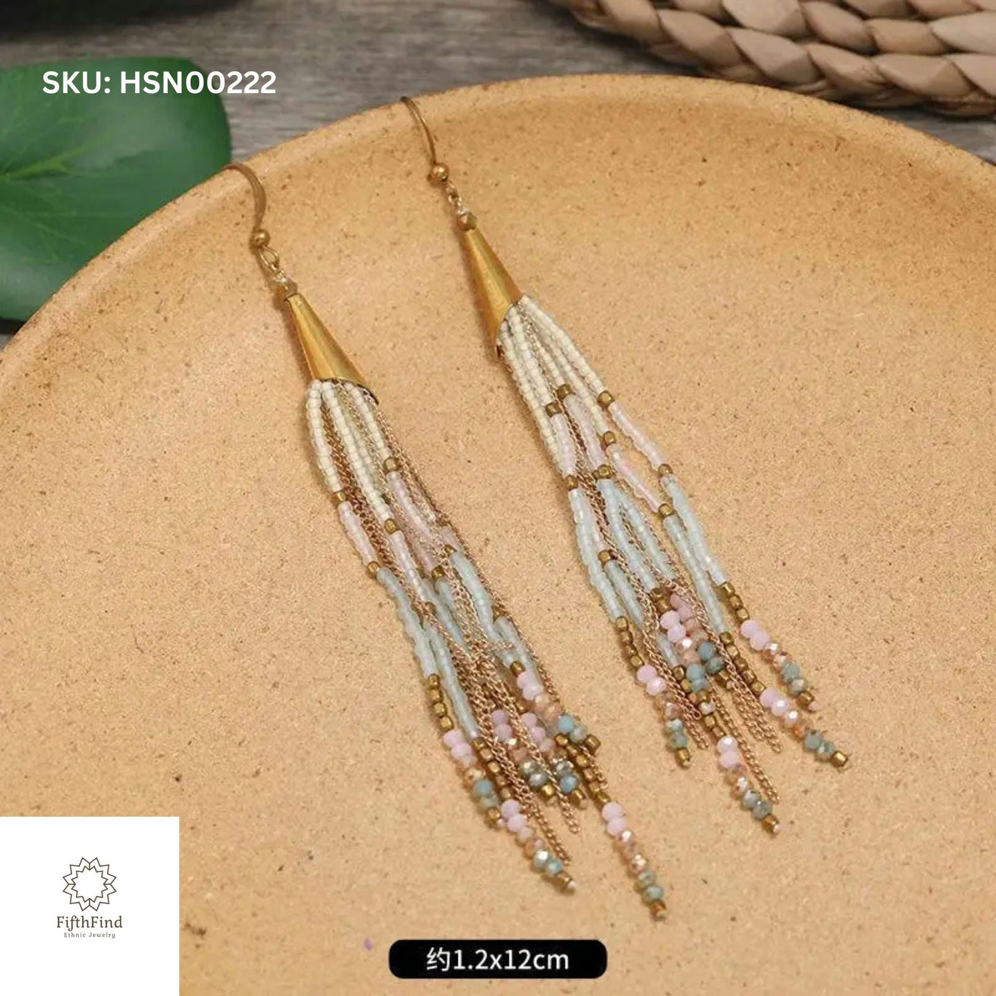 Pastel Long Fringe Beaded Earrings with Gold Accents