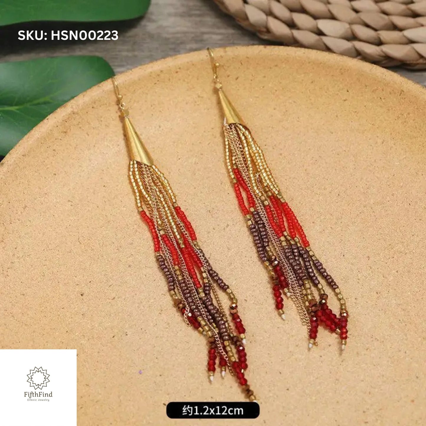 Red & Gold Long Fringe Beaded Earrings with Boho Style