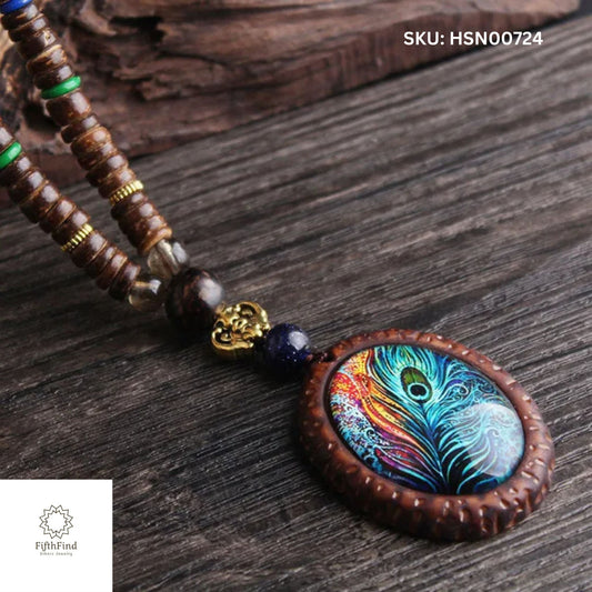 Peacock Feather Pendant Necklace - Ethnic Boho Design