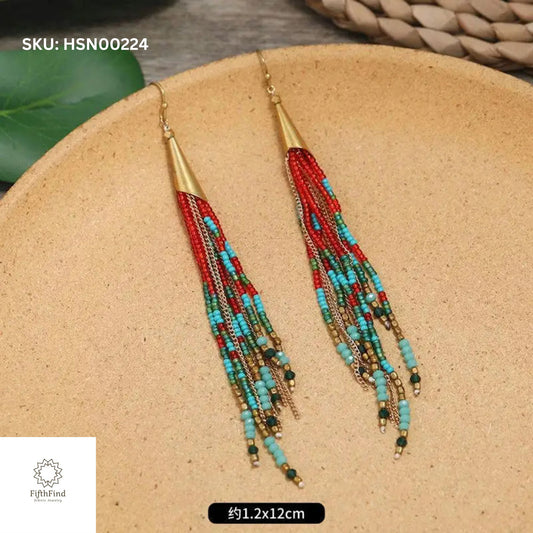 Red & Turquoise Fringe Beaded Earrings - Boho Statement