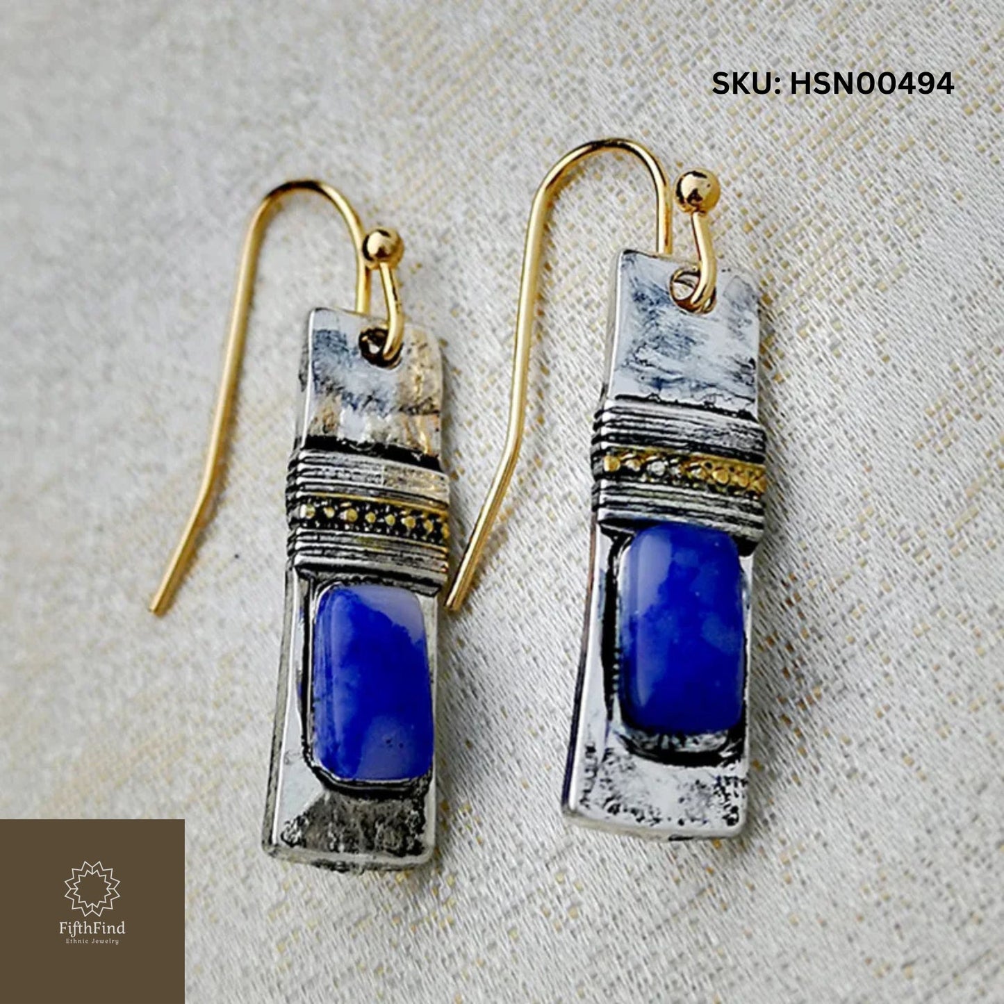 Blue Stone Artisan Earrings with Gold Hooks | FifthFind