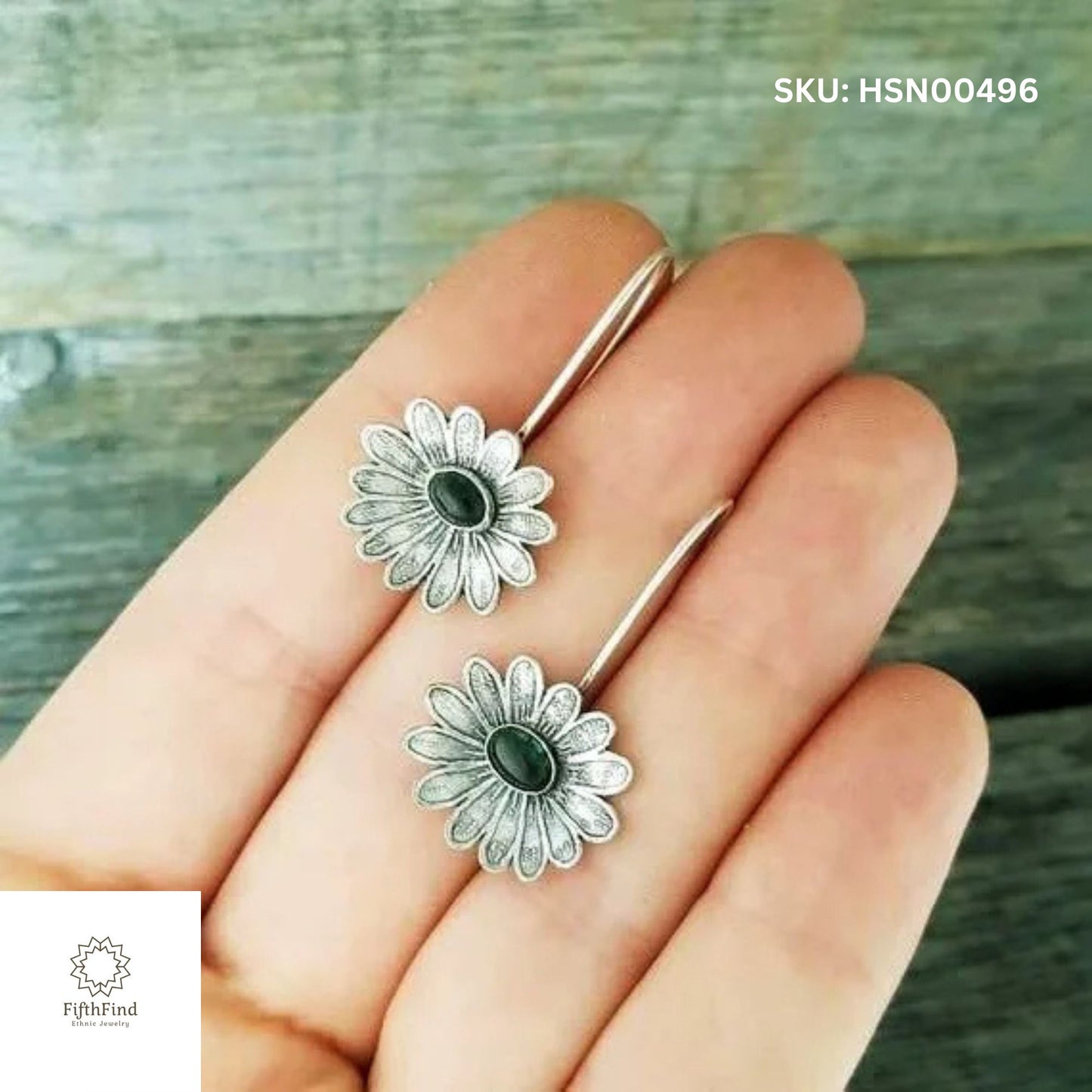 Silver Flower Earrings with Green Center | FifthFind