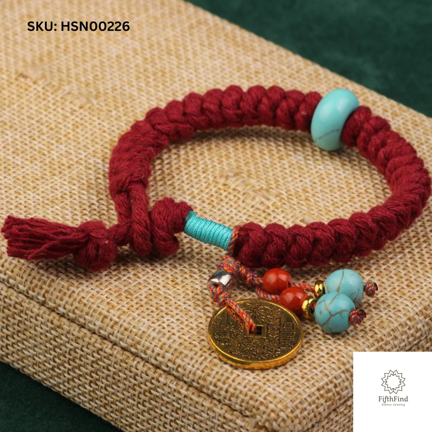 Boho Red Woven Bracelet with Turquoise & Coin Charm