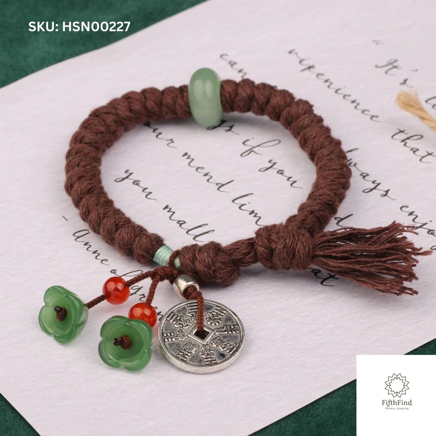 Boho Brown Bracelet with Jade Flowers & Coin Charm