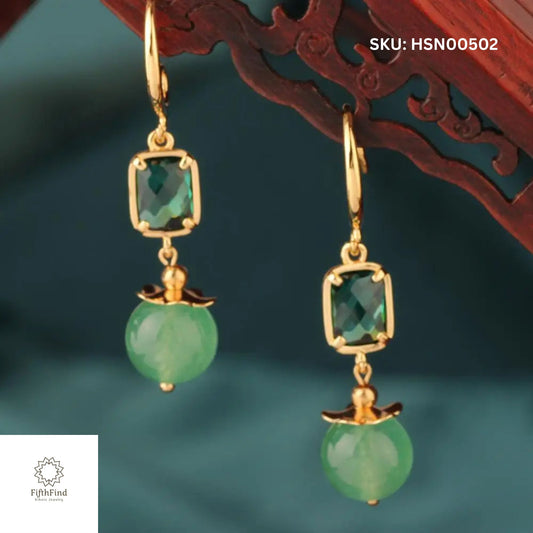 Green Aventurine Drop Earrings with Gold Accents | FifthFind