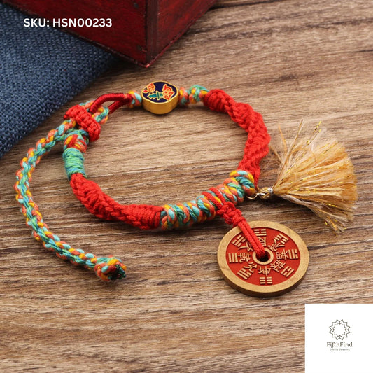 Red Rope Boho Bracelet with Lucky Coin and Tassel Charm