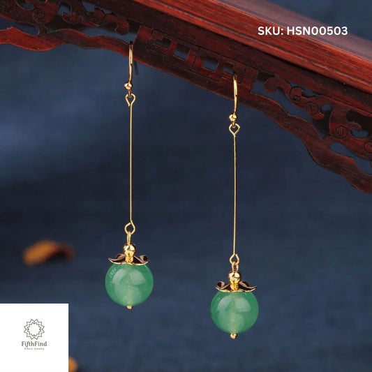 Elegant Long Green Aventurine Earrings with Gold | FifthFind