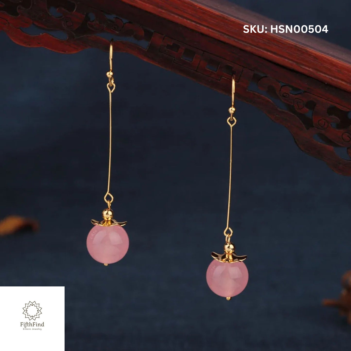 Elegant Long Rose Quartz Earrings with Gold | FifthFind